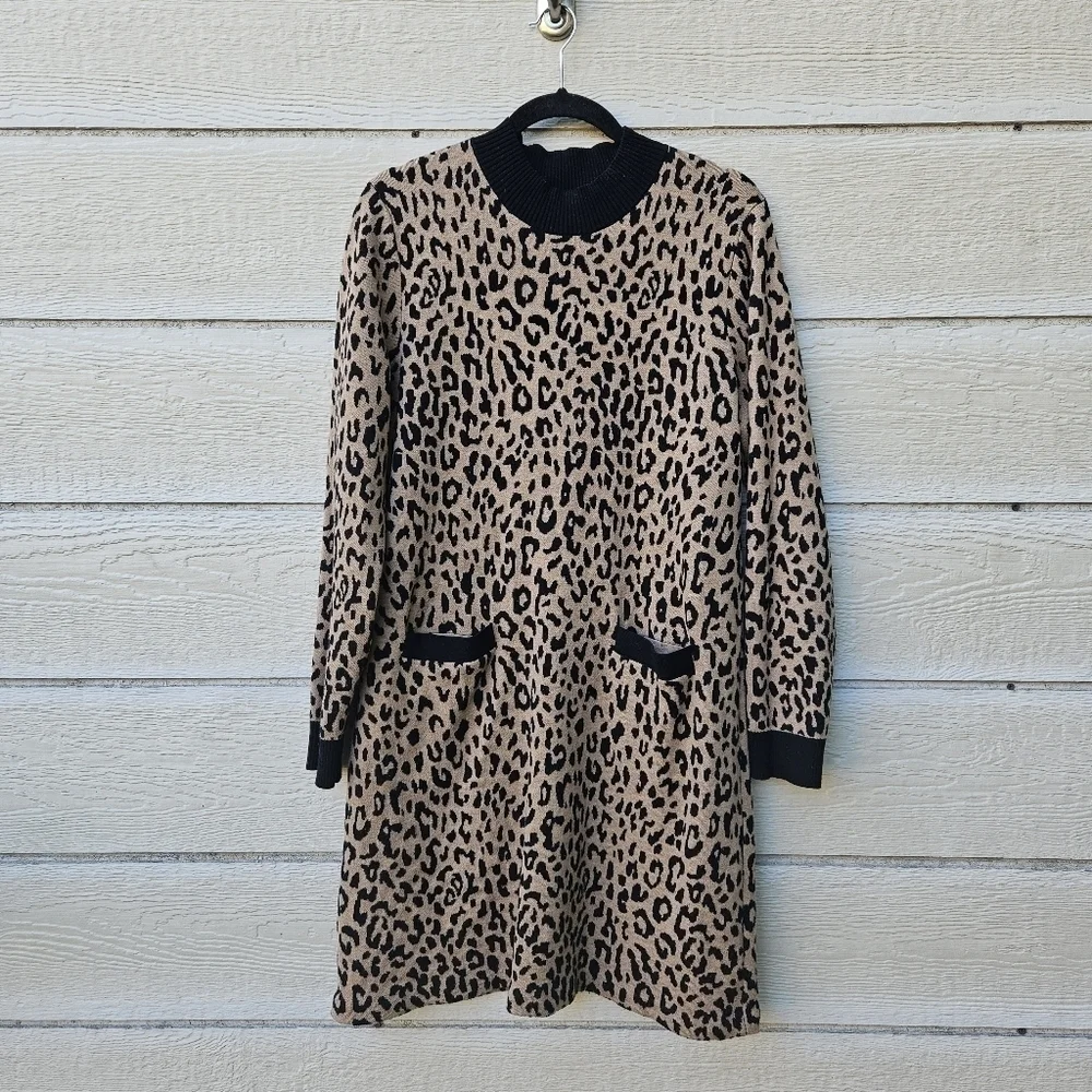 J. Crew mockneck sweater dress leopard print with pockets XL